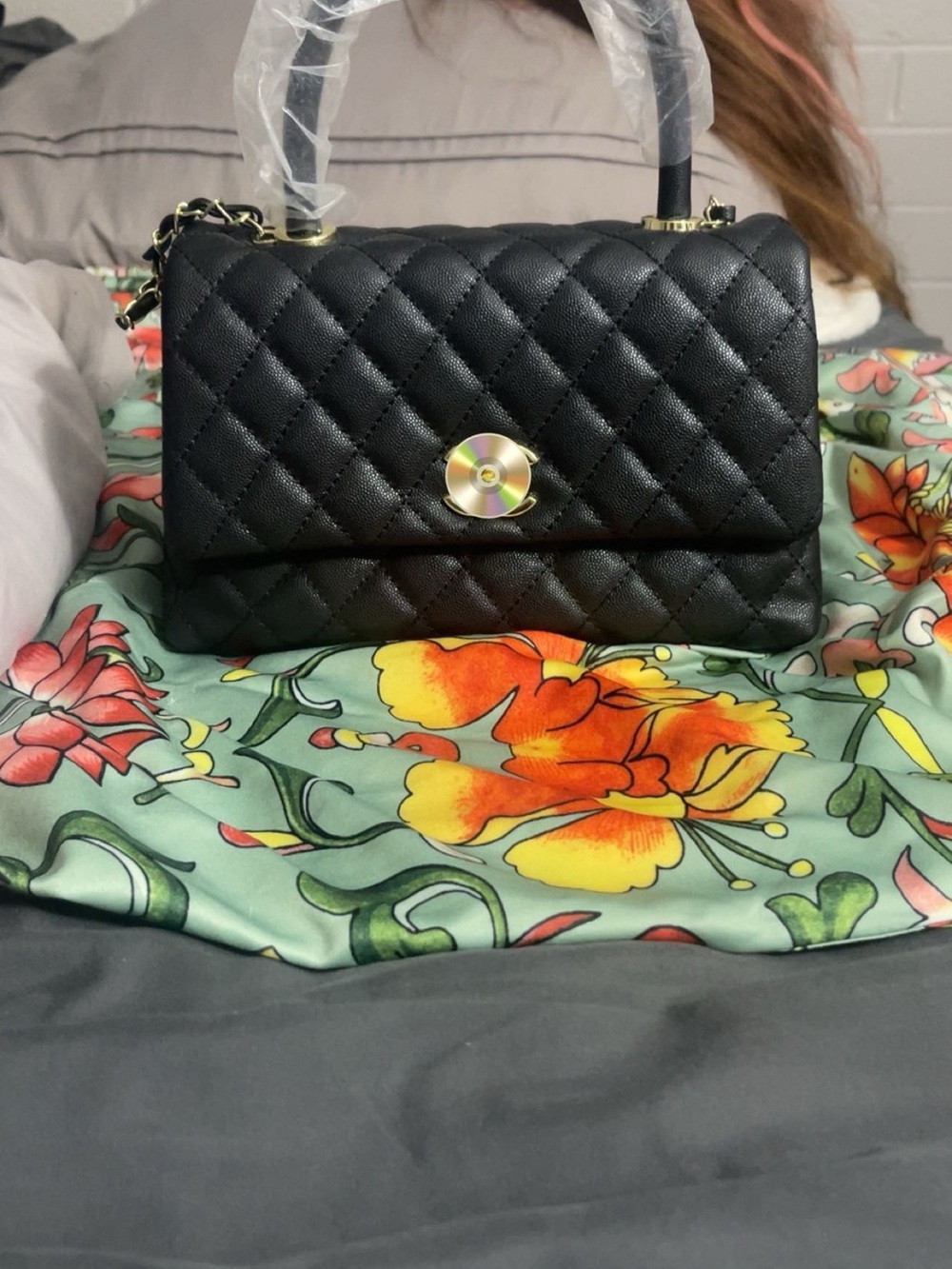 Quilted Black Leather Top-Handle Shoulder Bag